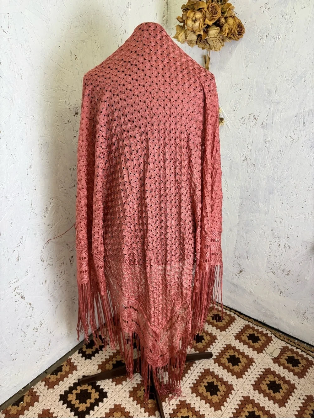 HUGE knit Fringe Festival Style Shawl Wrap Pink Coverup